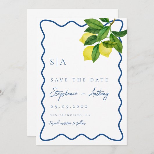 Monogramme Zitronenfrüchte, Hochzeitssonne an der  Save The Date (Vorne/Hinten)