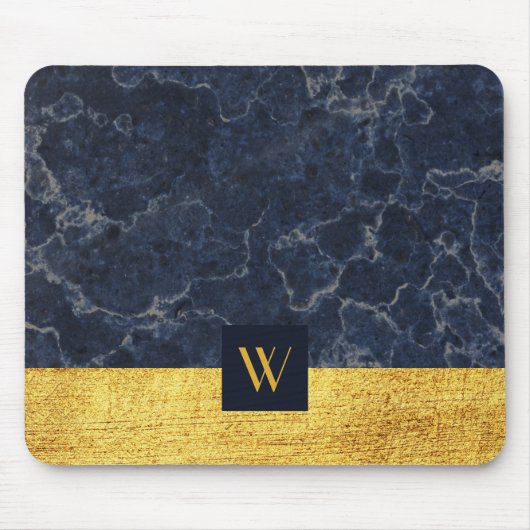 Monogrammed Blue Marble Falsch Gold Textur Print Mousepad (Vorne)