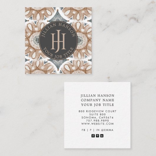 Monogrammed Boho Business Card Quadratische Visitenkarte (Vorne/Hinten)