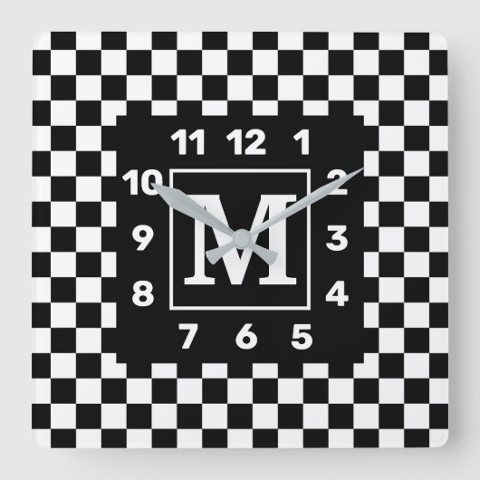 Monogrammed BW Checkered Square Wall Clock Quadratische Wanduhr (Vorderseite)
