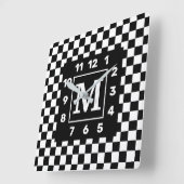 Monogrammed BW Checkered Square Wall Clock Quadratische Wanduhr (Winkel)