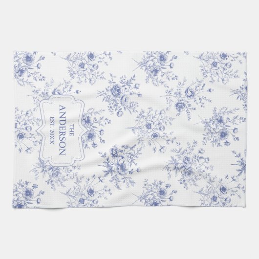 Monogrammed Classic Blue Flowers Floral Pattern Geschirrtuch (Horizontal)