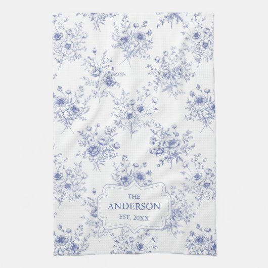 Monogrammed Classic Blue Flowers Floral Pattern Geschirrtuch (Vertikal)