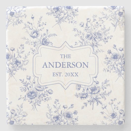 Monogrammed Classic Blue Flowers Floral Pattern Steinuntersetzer (Vorderseite)