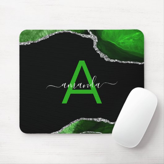 Monogrammed Green Agate with Silver Glitter Accent Mousepad (Mit Mouse)