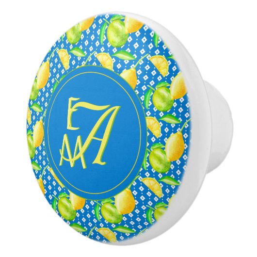 Monogrammed Lemon Tree Azure Blue Newlywed Decor Keramikknauf (Rechts)
