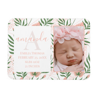 Monogrammed Name Floral Pink Birth Magnet