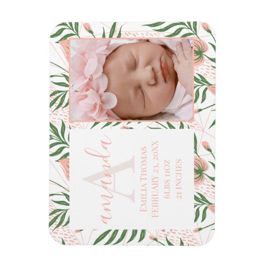 Monogrammed Name Floral Pink Birth Magnet (Vertikal)