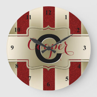 Monogrammed Name | Red Glitter Gold Stripes Große Wanduhr