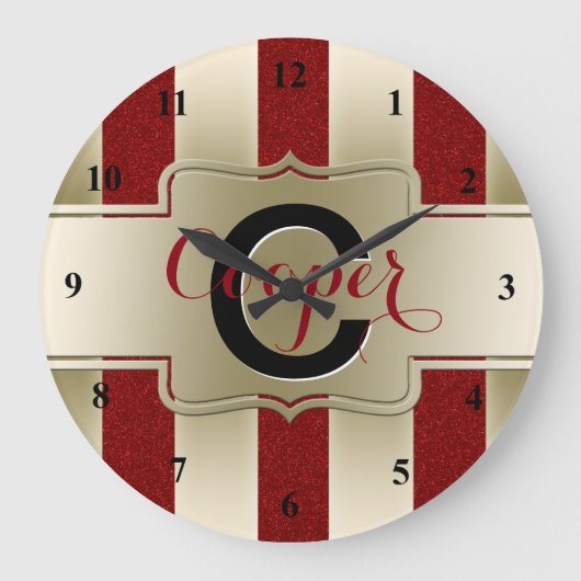 Monogrammed Name | Red Glitter Gold Stripes Große Wanduhr (Vorderseite)