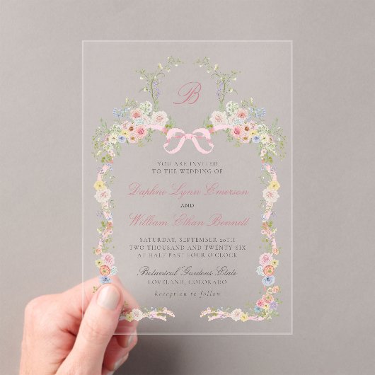 Monogrammed Pink Bows and Wildflowers Wedding Acryleinladungen (Insitu (Handheld))