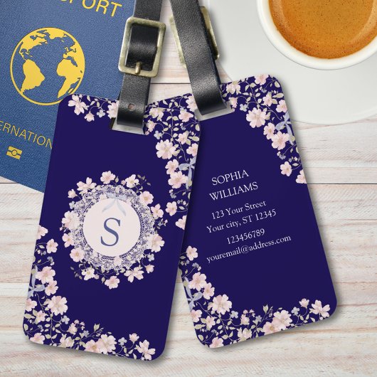Monogrammed Pink Flowers and Lace Floral Gepäckanhänger