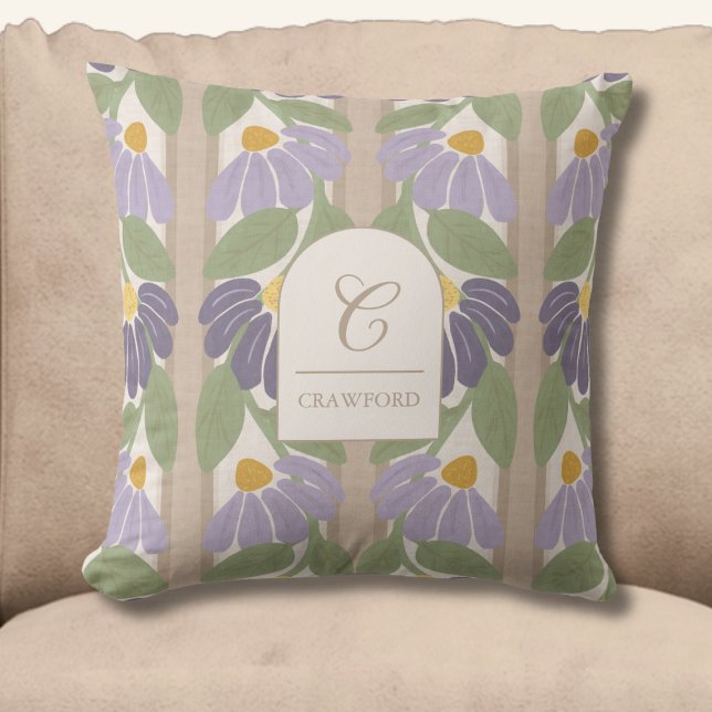 Monogrammed Purple & Beige Floral Stripe Kissen (Monogrammed Floral Striped Throw Pillow)