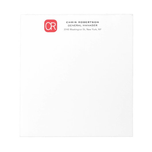 Monogrammed Red White Professional Plain Notizblock (Vorderseite)