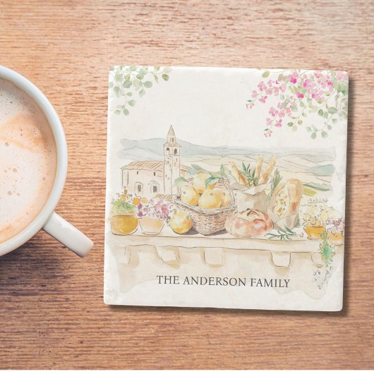 Monogrammed Watercolor Tuscany Mediterranean Italy Steinuntersetzer