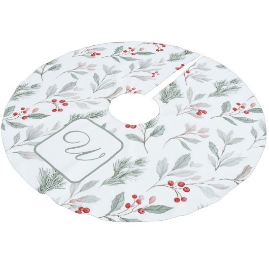 Monogrammed Winter Foliage Christmas Tree Skirt Polyester Weihnachtsbaumdecke (Schrägansicht)