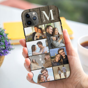 Monogrammierte 7-Foto-Collage auf dunklem Holz Case-Mate iPhone Hülle
