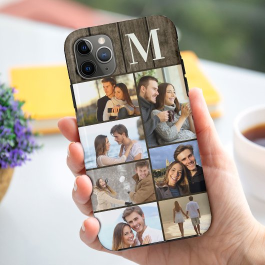 Monogrammierte 7-Foto-Collage auf dunklem Holz Case-Mate iPhone Hülle