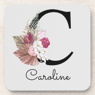 Monogrammierte Anfangsbuchstabe C Pink Boho Floral Getränkeuntersetzer