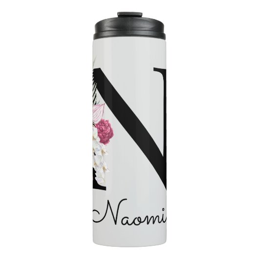Monogrammierte Anfangsbuchstabe N Pink Boho Floral Thermosbecher (Vorderseite)