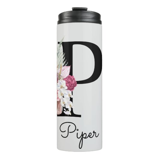 Monogrammierte Anfangsbuchstabe P Pink Boho Floral Thermosbecher (Vorderseite)