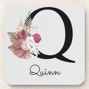 Monogrammierte Anfangsbuchstabe Q Pink Boho Floral Getränkeuntersetzer