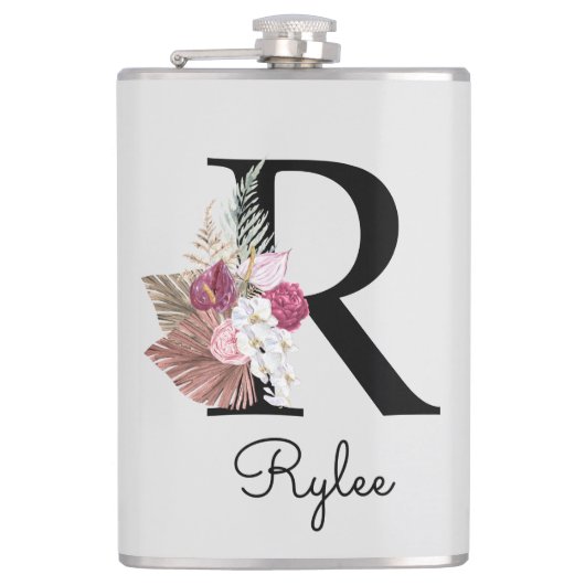 Monogrammierte Anfangsbuchstabe R Pink Boho Mädche Flachmann (Vorderseite)