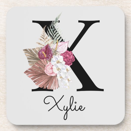 Monogrammierte Anfangsbuchstabe X Pink Boho Floral Getränkeuntersetzer (Vorderseite)