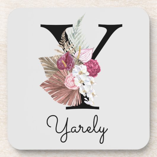 Monogrammierte Anfangsbuchstabe Y Pink Boho Floral Getränkeuntersetzer (Vorderseite)