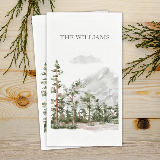 Monogrammierte Aquarell-Berg- und Wald-Darstellung Serviette