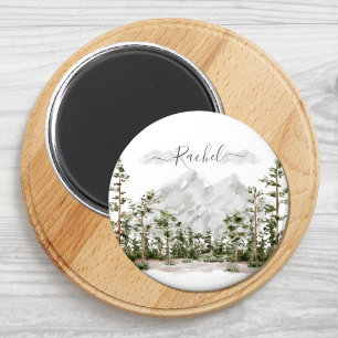 Monogrammierte Aquarell-Berg- und Waldlandschaft Magnet