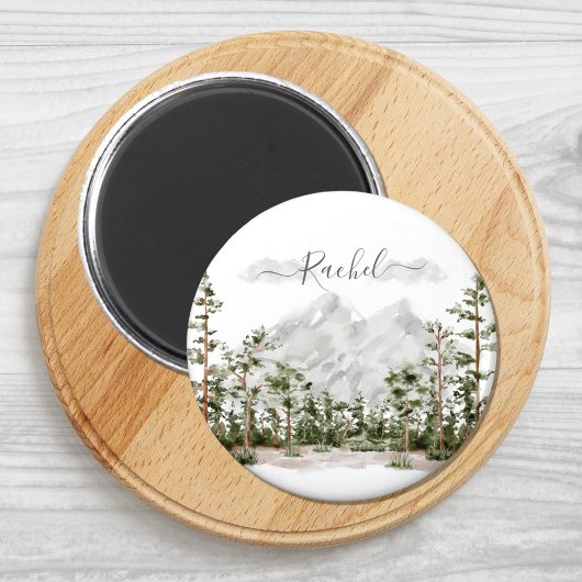 Monogrammierte Aquarell-Berg- und Waldlandschaft Magnet