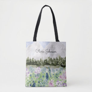 Monogrammierte Aquarell Blau Lila Blumenwiese Tasche