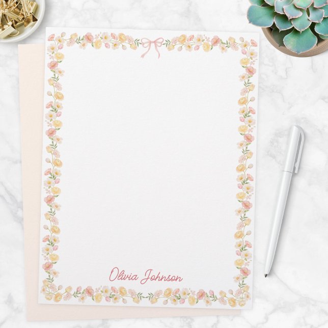 Monogrammierte Aquarell-Gelb-Rosa-Blumen Floral Briefbogen (Von Creator hochgeladen)