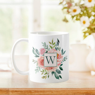 Monogrammierte Aquarell-Rosa-Rosen- und Pfingstros Kaffeetasse