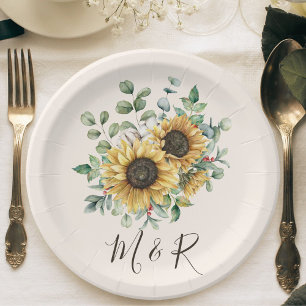 Monogrammierte Aquarell-Vintage-Sonnenblume im rus Pappteller