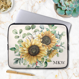 Monogrammierte Aquarell-Vintage-Sonnenblume Laptopschutzhülle