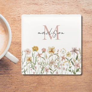Monogrammierte Aquarell-Wildblumen-Wiesen-Blumen Glasuntersetzer