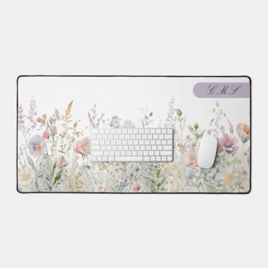 Monogrammierte Aquarellfarben-Wildblumen Schreibtischunterlage (Tastatur & Maus)