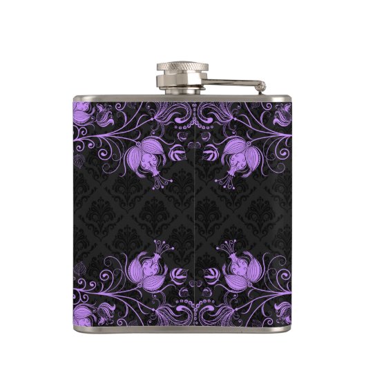 Monogrammierte Black Damasken Lila Bläserschicht Flachmann (Rückseite)