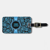 Monogrammierte Black & Metallic Blue Floral Damask Gepäckanhänger (Vorderseite horizontal)