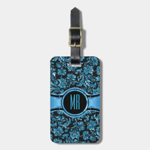 Monogrammierte Black & Metallic Blue Floral Damask Gepäckanhänger