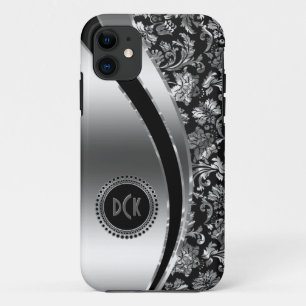 Monogrammierte Black & Metallic Silver Damasks Case-Mate iPhone Hülle