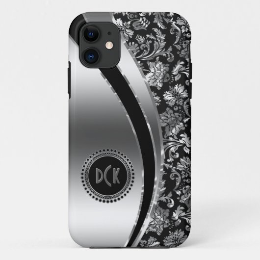 Monogrammierte Black & Metallic Silver Damasks Case-Mate iPhone Hülle (Rückseite)