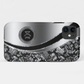 Monogrammierte Black & Metallic Silver Damasks Case-Mate iPhone Hülle (Rückseite (Horizontal))