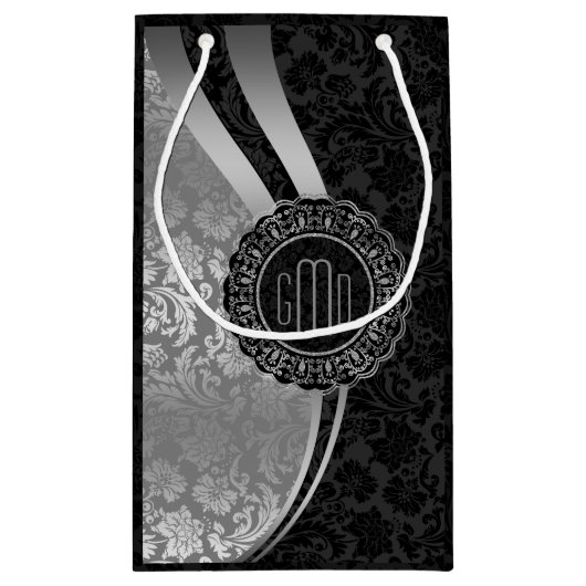 Monogrammierte Black & Silver Damasken Dynamische  Kleine Geschenktüte (Rückseite)