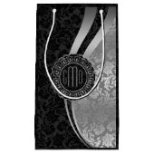 Monogrammierte Black & Silver Damasken Dynamische  Kleine Geschenktüte (Vorderseite)