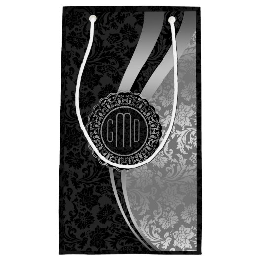 Monogrammierte Black & Silver Damasken Dynamische  Kleine Geschenktüte (Vorderseite)