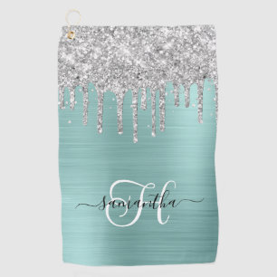 Monogrammierte Blass Türkis Silber Tröpfchen Glitt Golfhandtuch