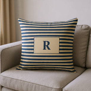 Monogrammierte Blau/Vanille Streifen Kissen